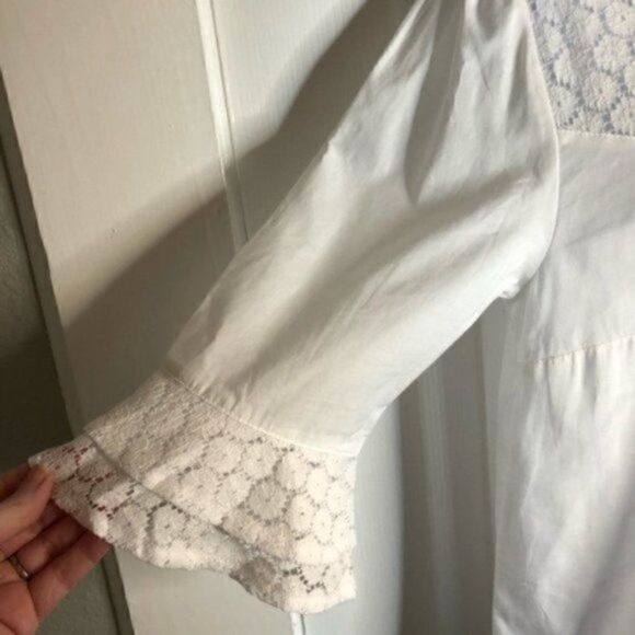 Modcloth White Cotton Short Sleeve Blouse Puff Sleeves Daisy Print Lace M - Picture 8 of 13